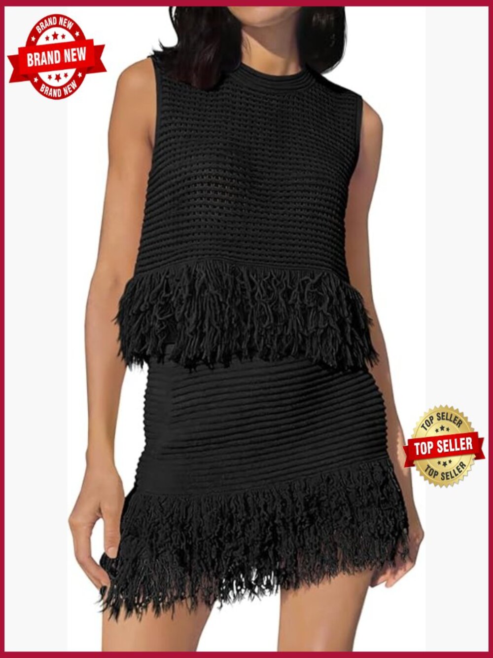 2 Piece Crochet Outfits Sleeveless Knit Top Fringe Skirt Set Beach Cover Up